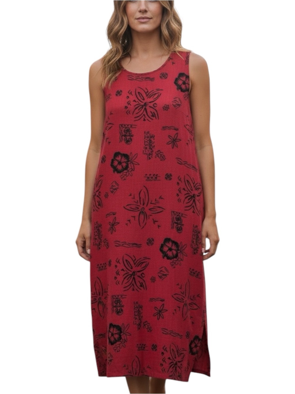 VTG Clio II Red, Black& Gold Linen Midi Dress, Sleeveless, Relaxed Fit - Size 1X